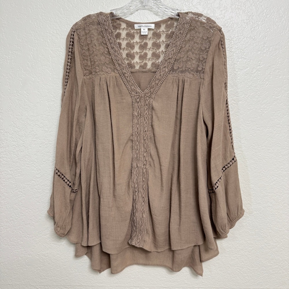 John Paul Richard Peasant Top Womens XL Brown Lace Crochet Sharkbite Hem